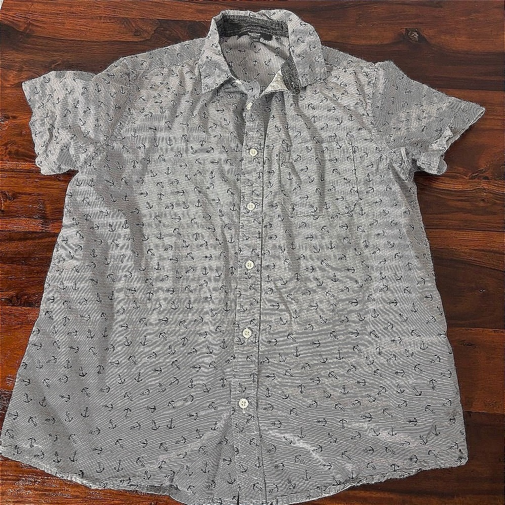 Mountain Ridge Mens Medium Anchor‎ Print Striped Cotton Short Sleeve Button Down